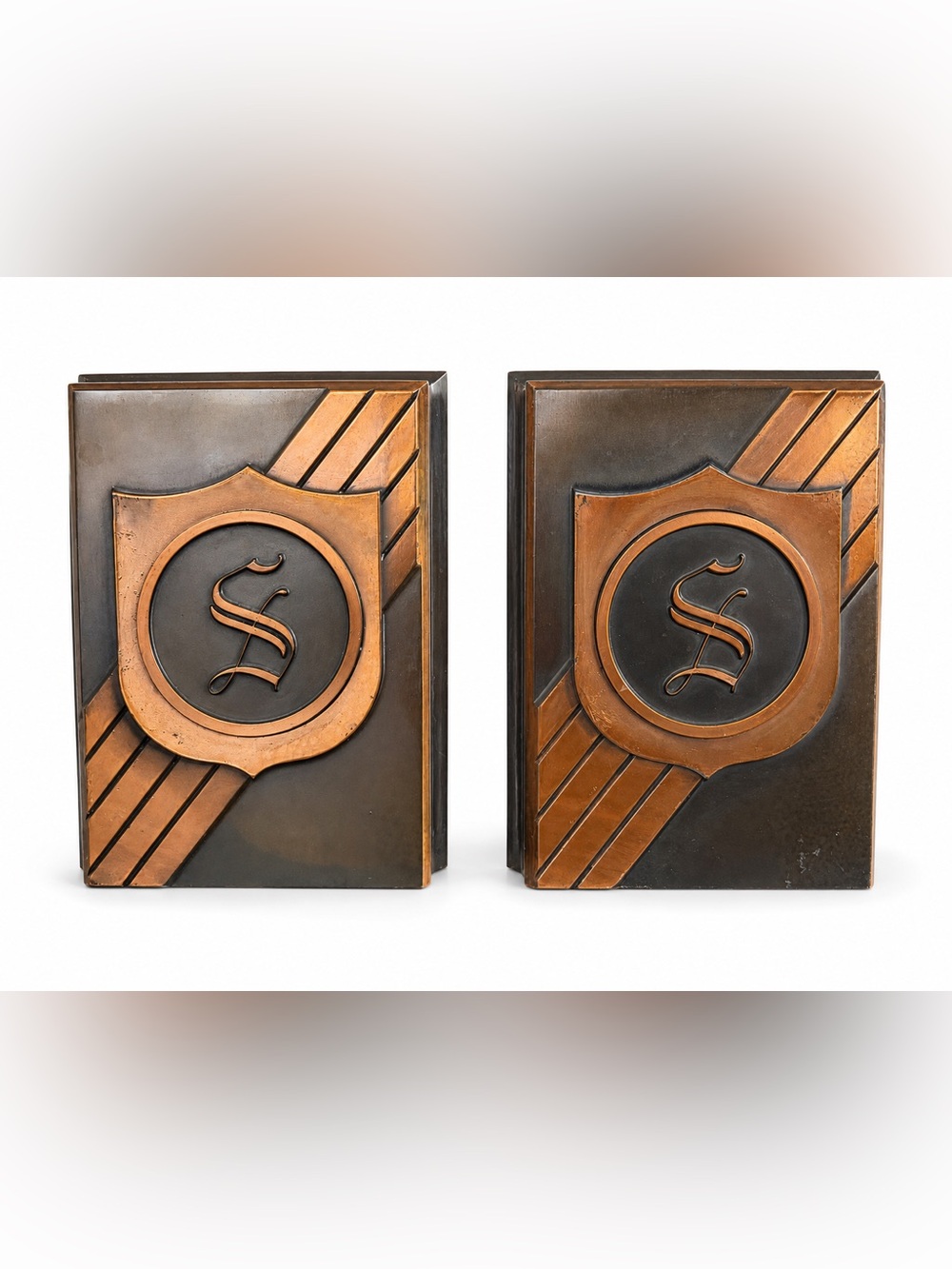 Vintage Hyde Park Art Deco Bronze Copper Monogram S Bookends Pair